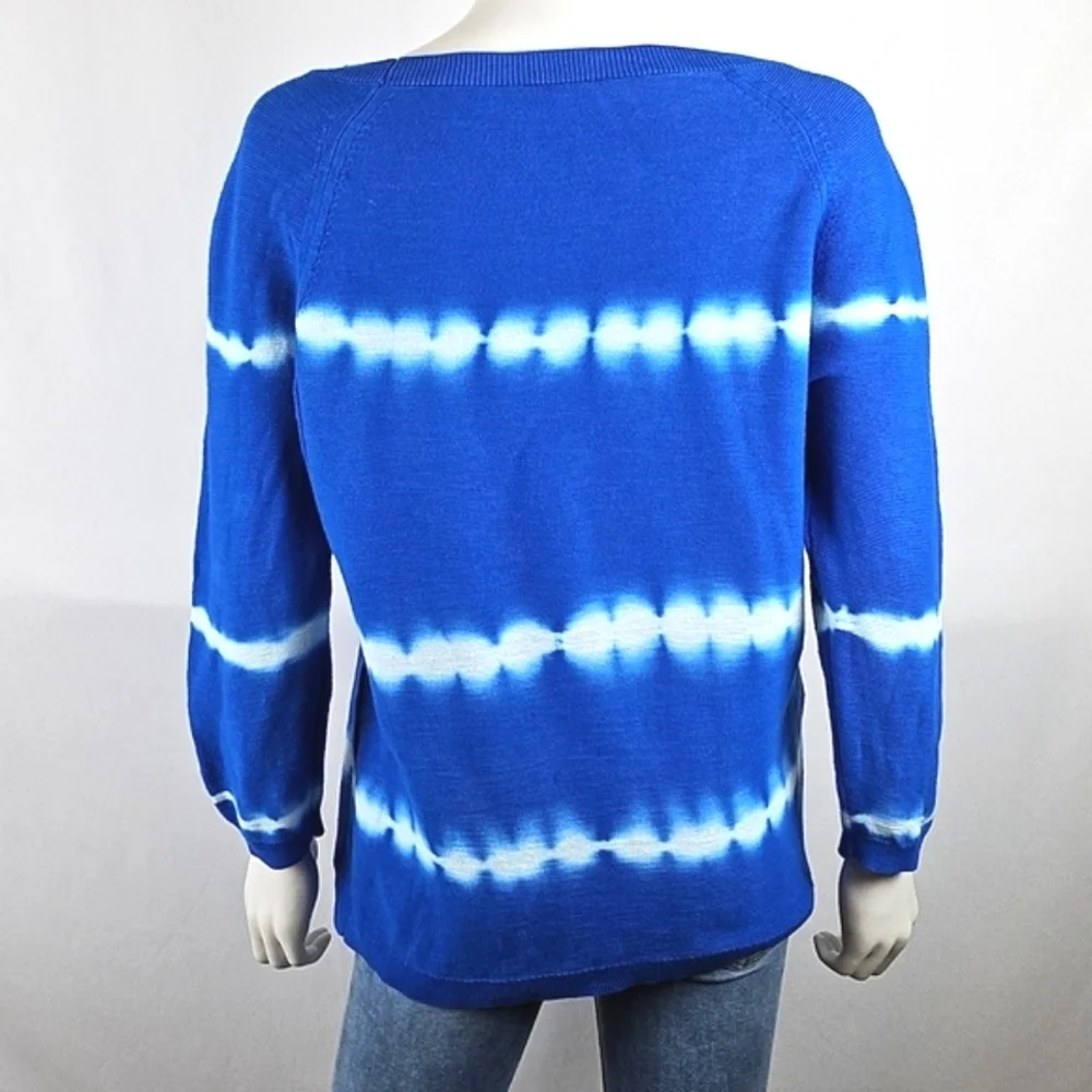 Talbots 100% Cotton Knit Blue White Tie Dye Crewneck 3/4 Sleeve Pullover Sweater